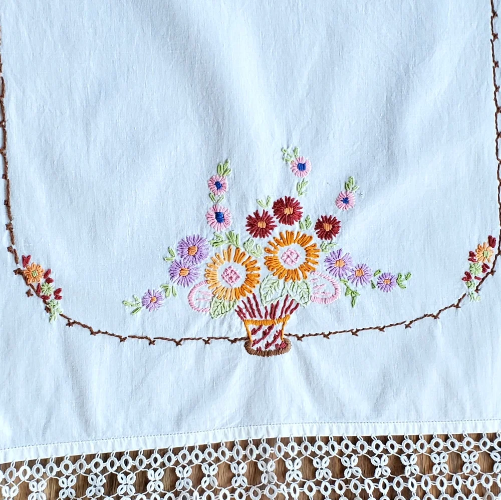 Vintage Handcrafted Needlepoint Flowers Table Runner, Crochet Edge, 37